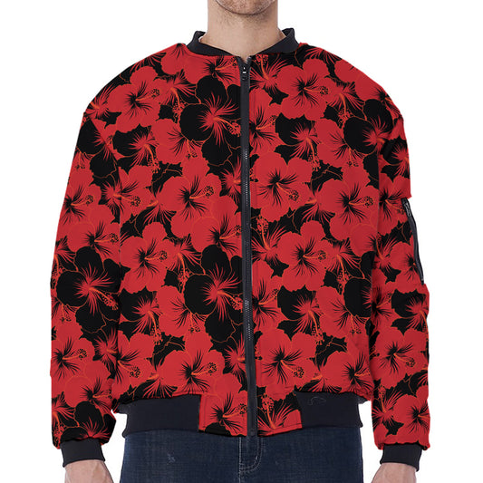 Black And Red Hibiscus Pattern Print Zip Sleeve Bomber Jacket