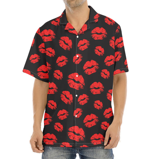 Black And Red Lips Pattern Print Aloha Shirt