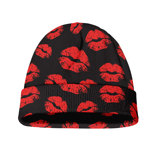 Black And Red Lips Pattern Print Beanie