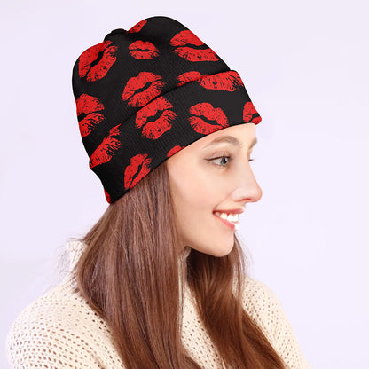 Black And Red Lips Pattern Print Beanie