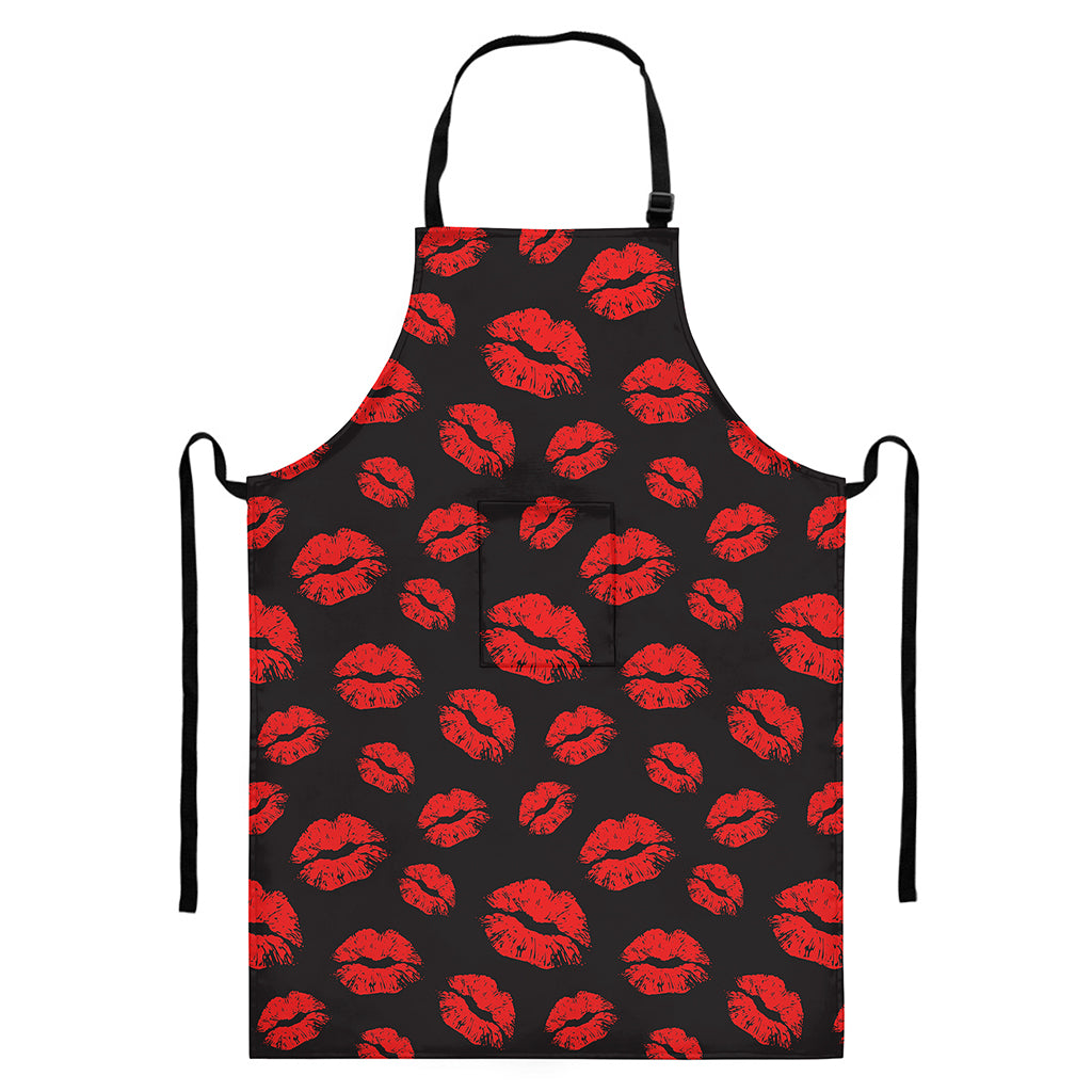 Black And Red Lips Pattern Print Bib Apron With Pocket