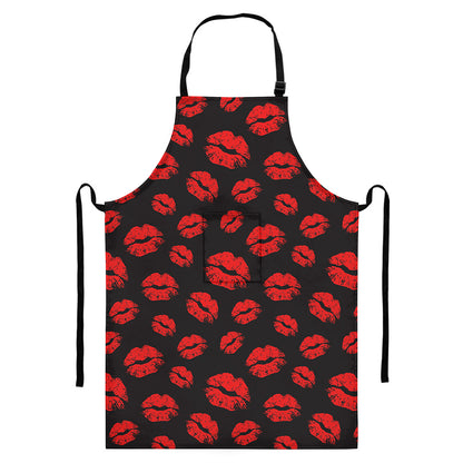 Black And Red Lips Pattern Print Bib Apron With Pocket