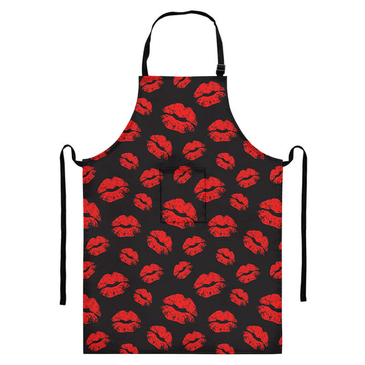 Black And Red Lips Pattern Print Bib Apron With Pocket
