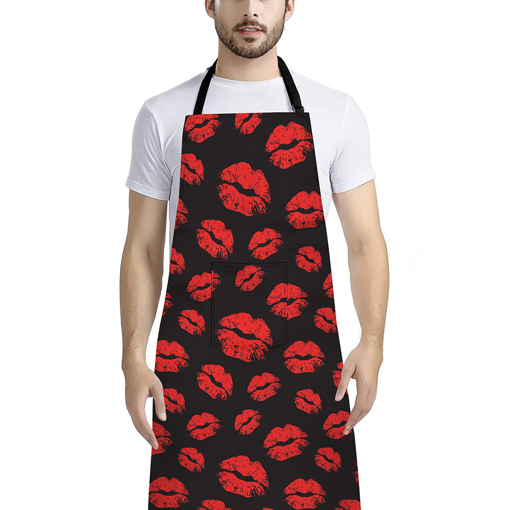 Black And Red Lips Pattern Print Bib Apron With Pocket