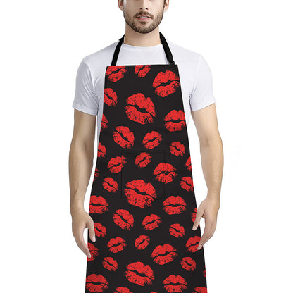 Black And Red Lips Pattern Print Bib Apron With Pocket