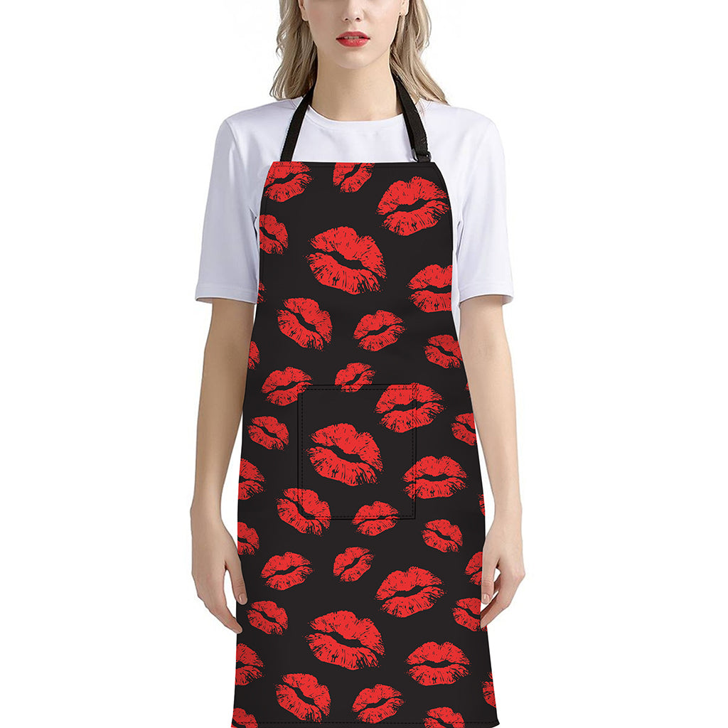 Black And Red Lips Pattern Print Bib Apron With Pocket