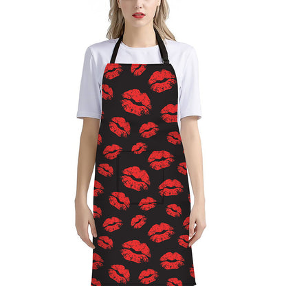 Black And Red Lips Pattern Print Bib Apron With Pocket