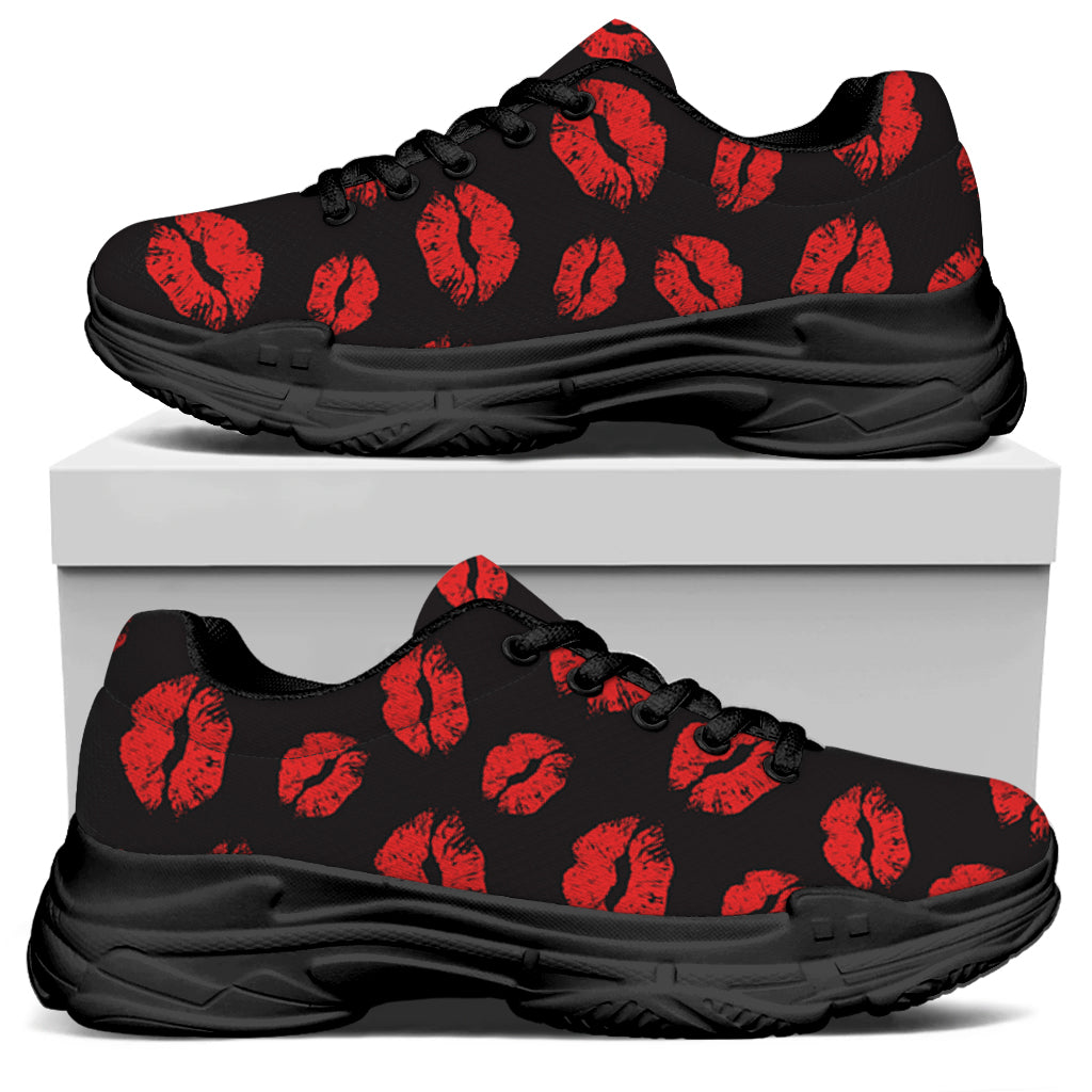 Black And Red Lips Pattern Print Black Chunky Shoes