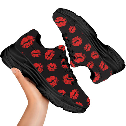 Black And Red Lips Pattern Print Black Chunky Shoes