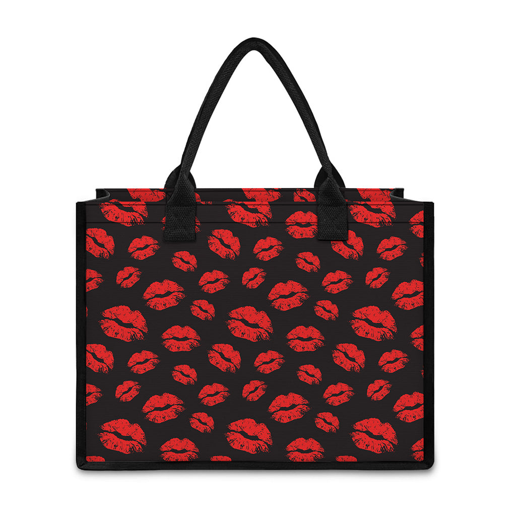 Black And Red Lips Pattern Print Canvas Tote Bag