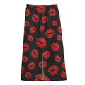 Black And Red Lips Pattern Print Cotton Front Slit Maxi Skirt