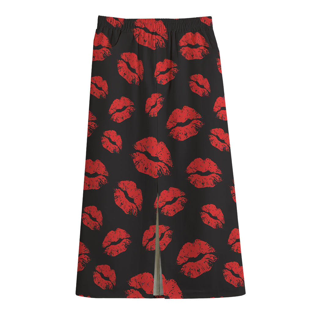 Black And Red Lips Pattern Print Cotton Front Slit Maxi Skirt