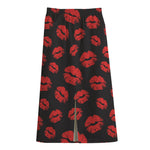 Black And Red Lips Pattern Print Cotton Front Slit Maxi Skirt