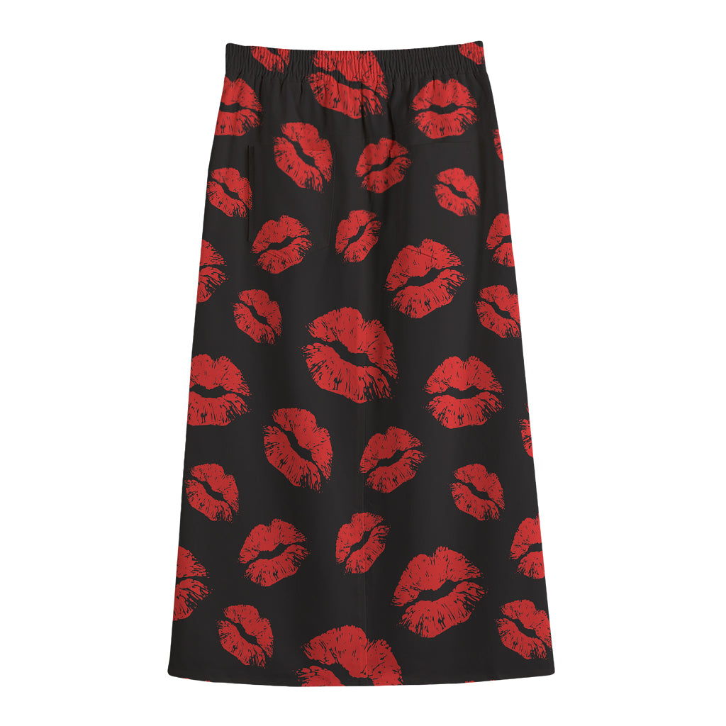 Black And Red Lips Pattern Print Cotton Front Slit Maxi Skirt