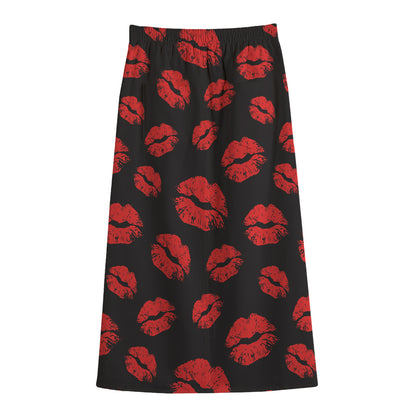 Black And Red Lips Pattern Print Cotton Front Slit Maxi Skirt