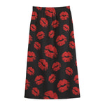 Black And Red Lips Pattern Print Cotton Front Slit Maxi Skirt