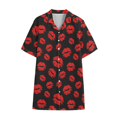 Black And Red Lips Pattern Print Cotton Hawaiian Shirt