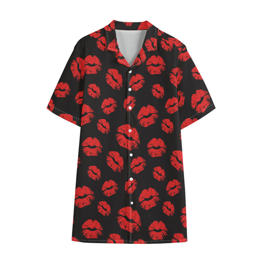 Black And Red Lips Pattern Print Cotton Hawaiian Shirt