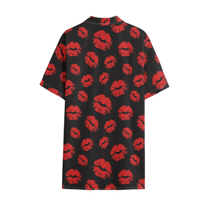 Black And Red Lips Pattern Print Cotton Hawaiian Shirt
