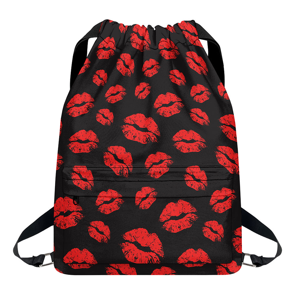 Black And Red Lips Pattern Print Drawstring Backpack