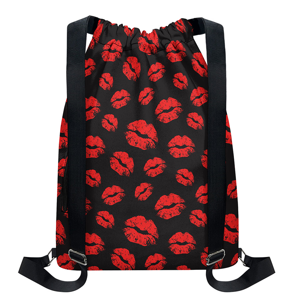 Black And Red Lips Pattern Print Drawstring Backpack