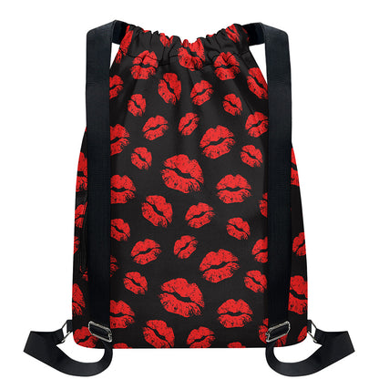 Black And Red Lips Pattern Print Drawstring Backpack