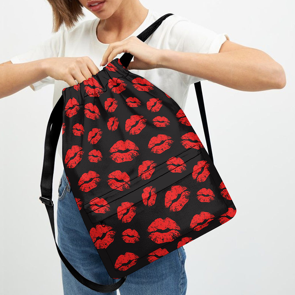 Black And Red Lips Pattern Print Drawstring Backpack