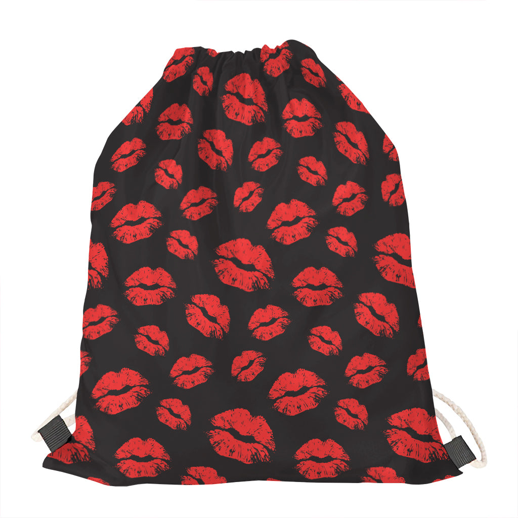 Black And Red Lips Pattern Print Drawstring Bag