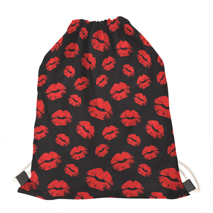 Black And Red Lips Pattern Print Drawstring Bag