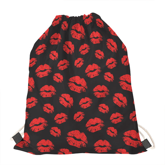 Black And Red Lips Pattern Print Drawstring Bag