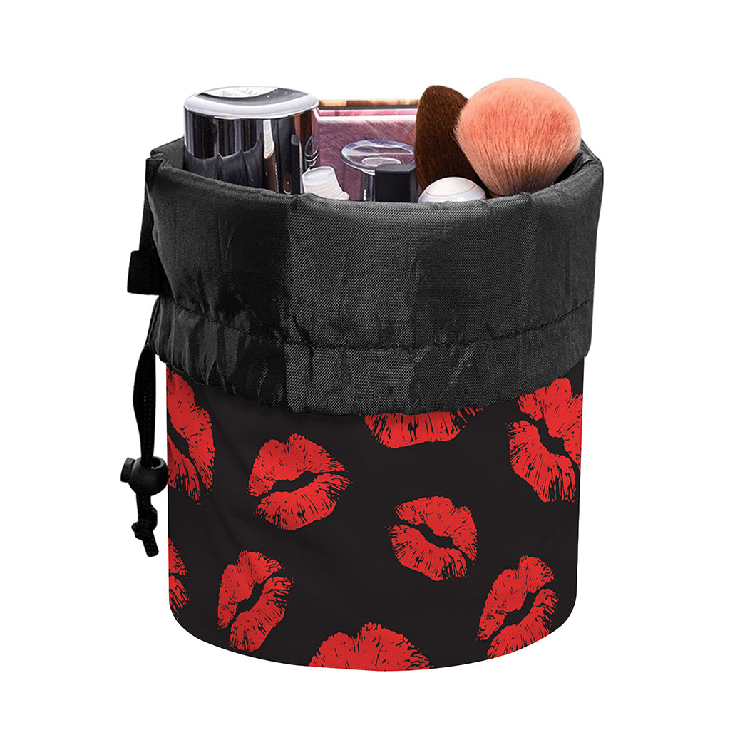 Black And Red Lips Pattern Print Drawstring Makeup Bag