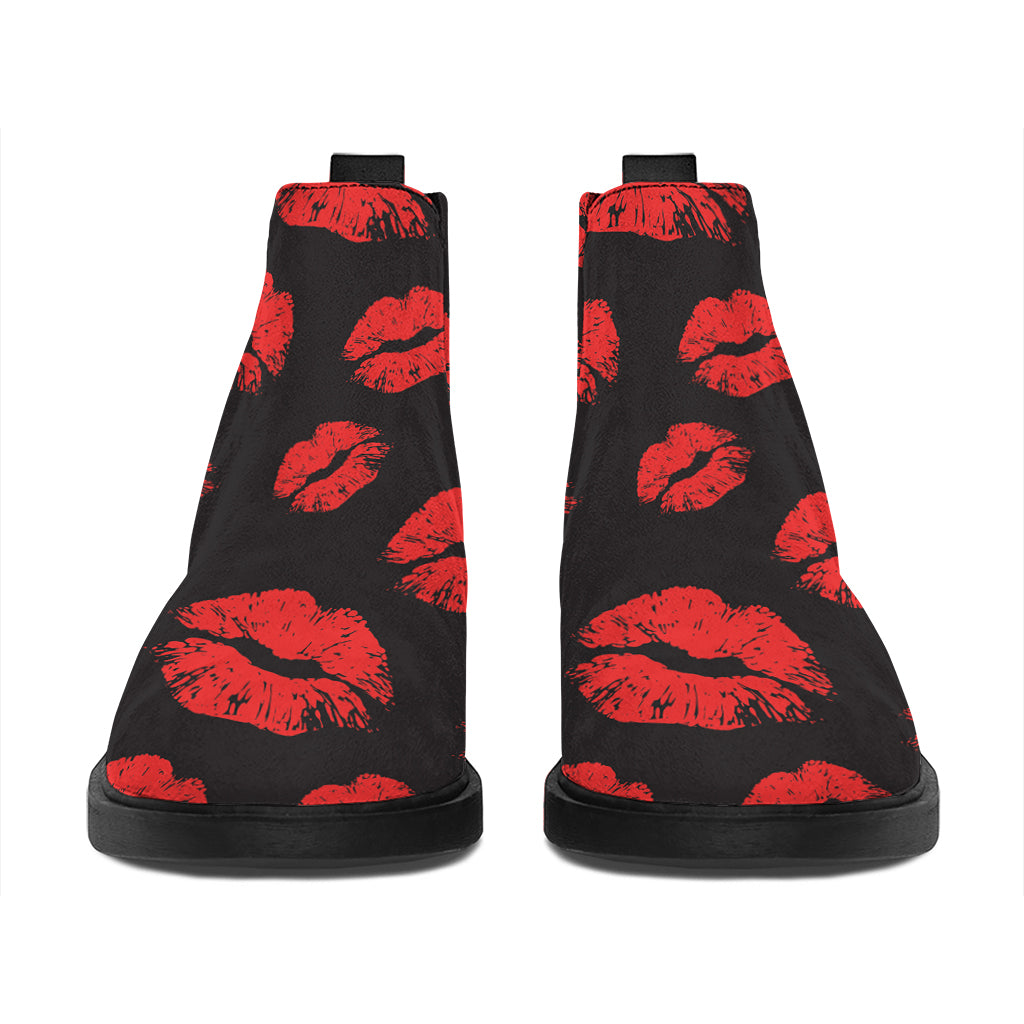 Black And Red Lips Pattern Print Flat Ankle Boots