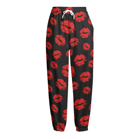 Black And Red Lips Pattern Print Fleece Lined Knit Pants