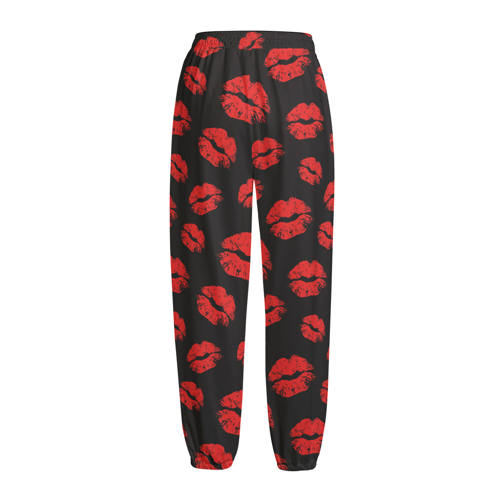 Black And Red Lips Pattern Print Fleece Lined Knit Pants