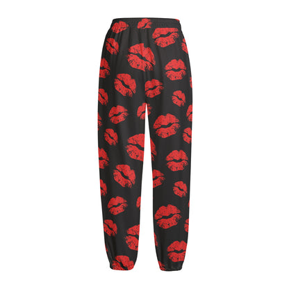 Black And Red Lips Pattern Print Fleece Lined Knit Pants