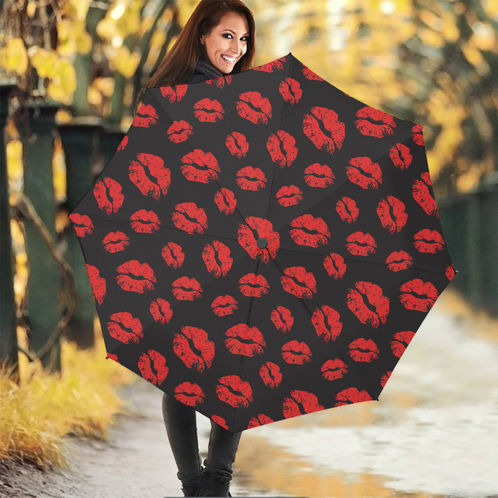 Black And Red Lips Pattern Print Foldable Umbrella