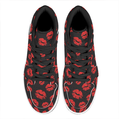 Black And Red Lips Pattern Print High Top Leather Sneakers