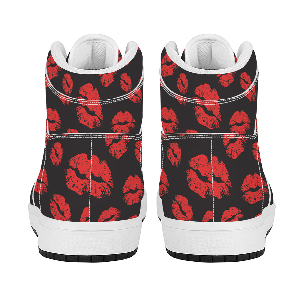 Black And Red Lips Pattern Print High Top Leather Sneakers