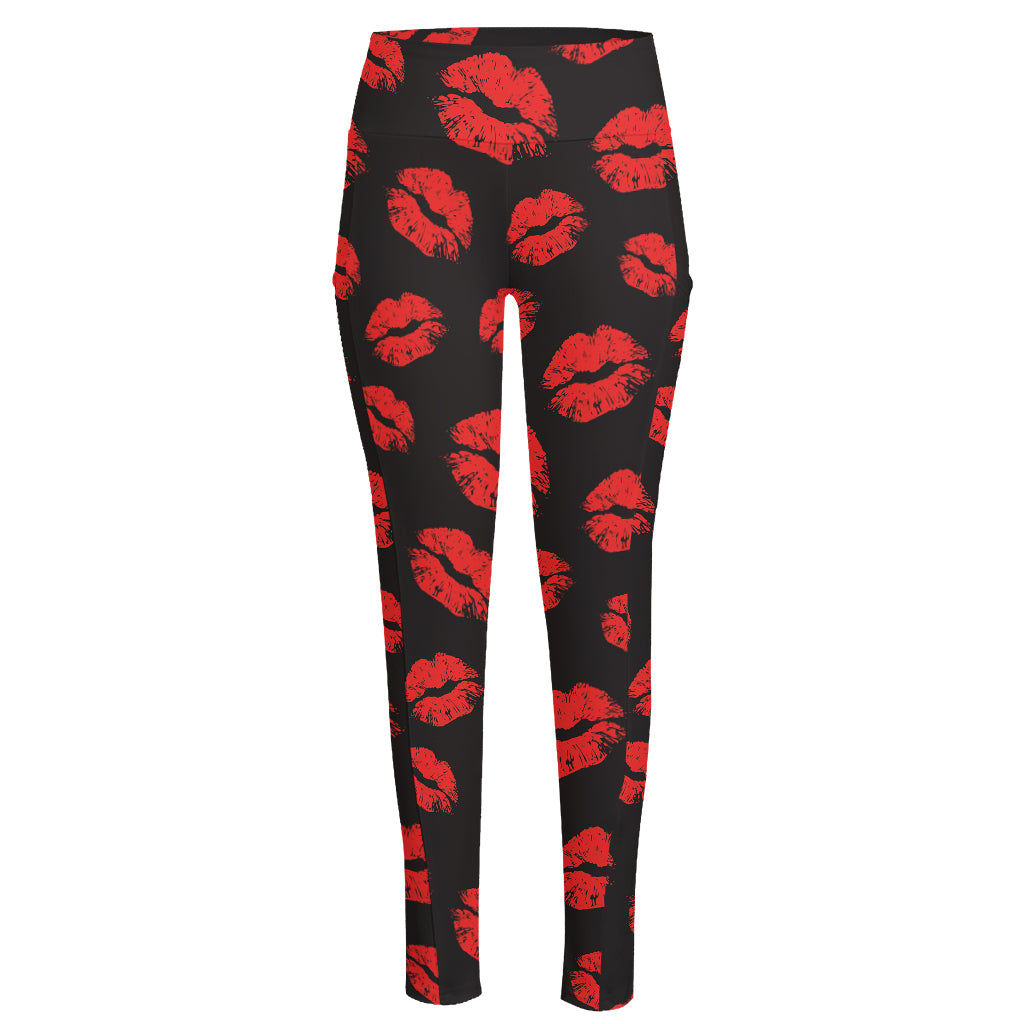 Black And Red Lips Pattern Print High-Waisted Pocket Leggings