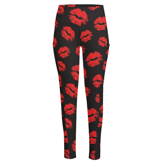 Black And Red Lips Pattern Print High-Waisted Pocket Leggings