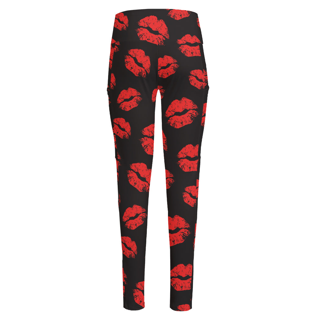 Black And Red Lips Pattern Print High-Waisted Pocket Leggings