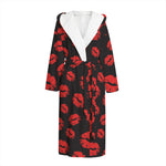 Black And Red Lips Pattern Print Hooded Bathrobe
