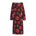 Black And Red Lips Pattern Print Hooded Bathrobe