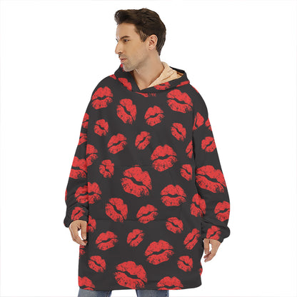 Black And Red Lips Pattern Print Hoodie Blanket