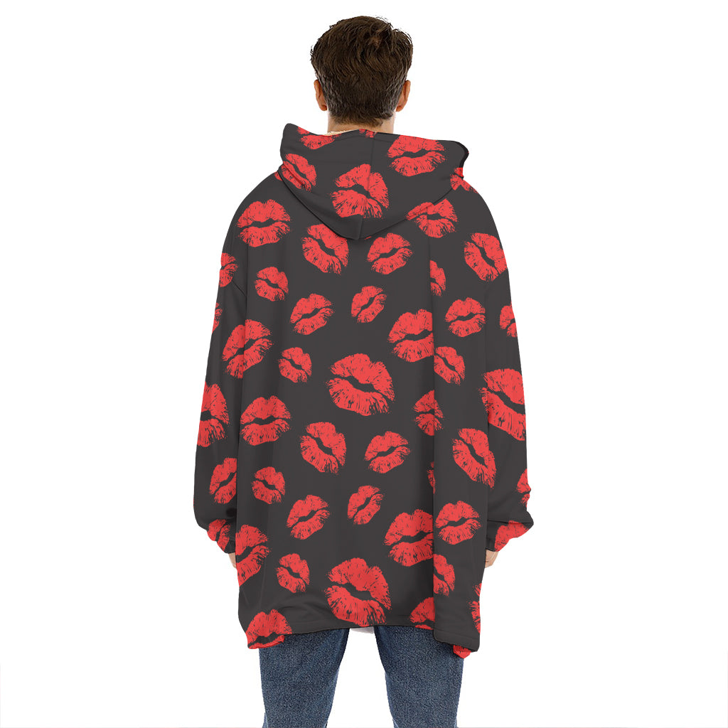 Black And Red Lips Pattern Print Hoodie Blanket