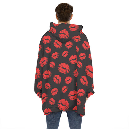 Black And Red Lips Pattern Print Hoodie Blanket