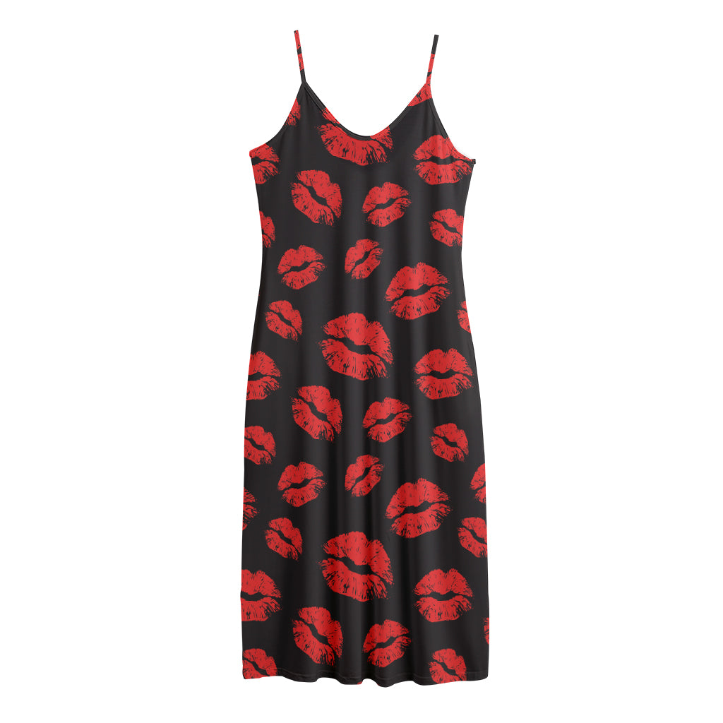 Black And Red Lips Pattern Print Jersey Midi Cami Dress
