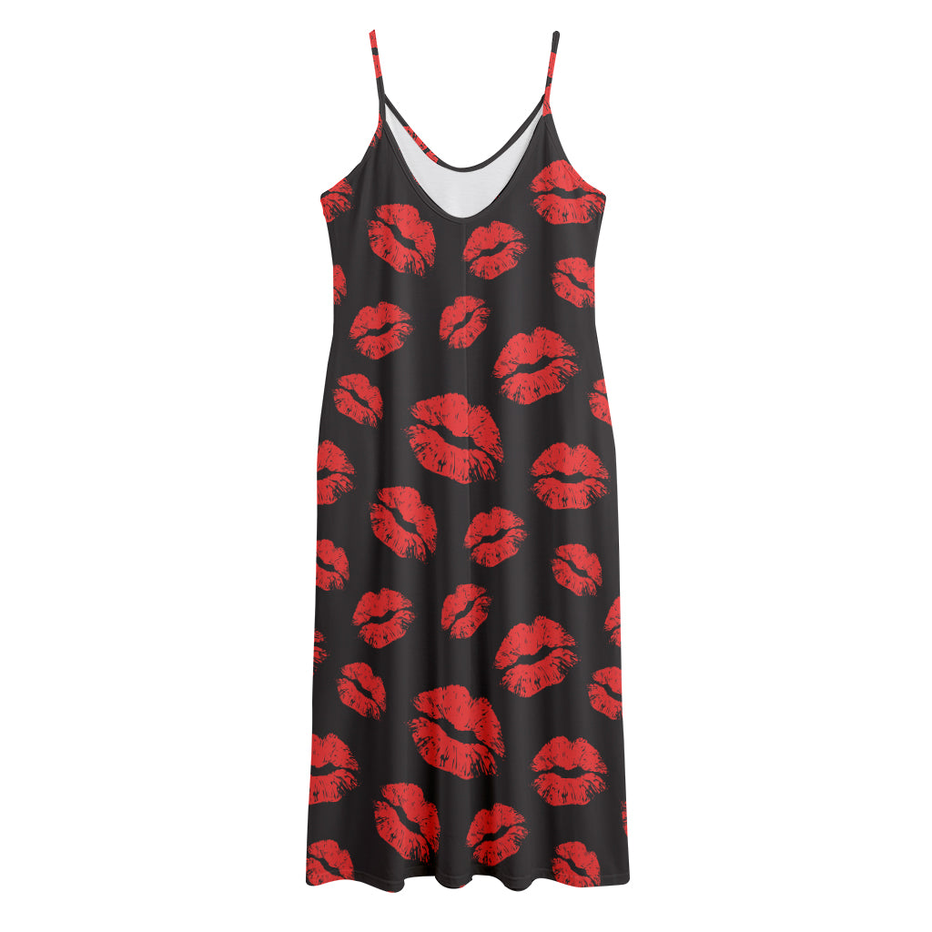 Black And Red Lips Pattern Print Jersey Midi Cami Dress