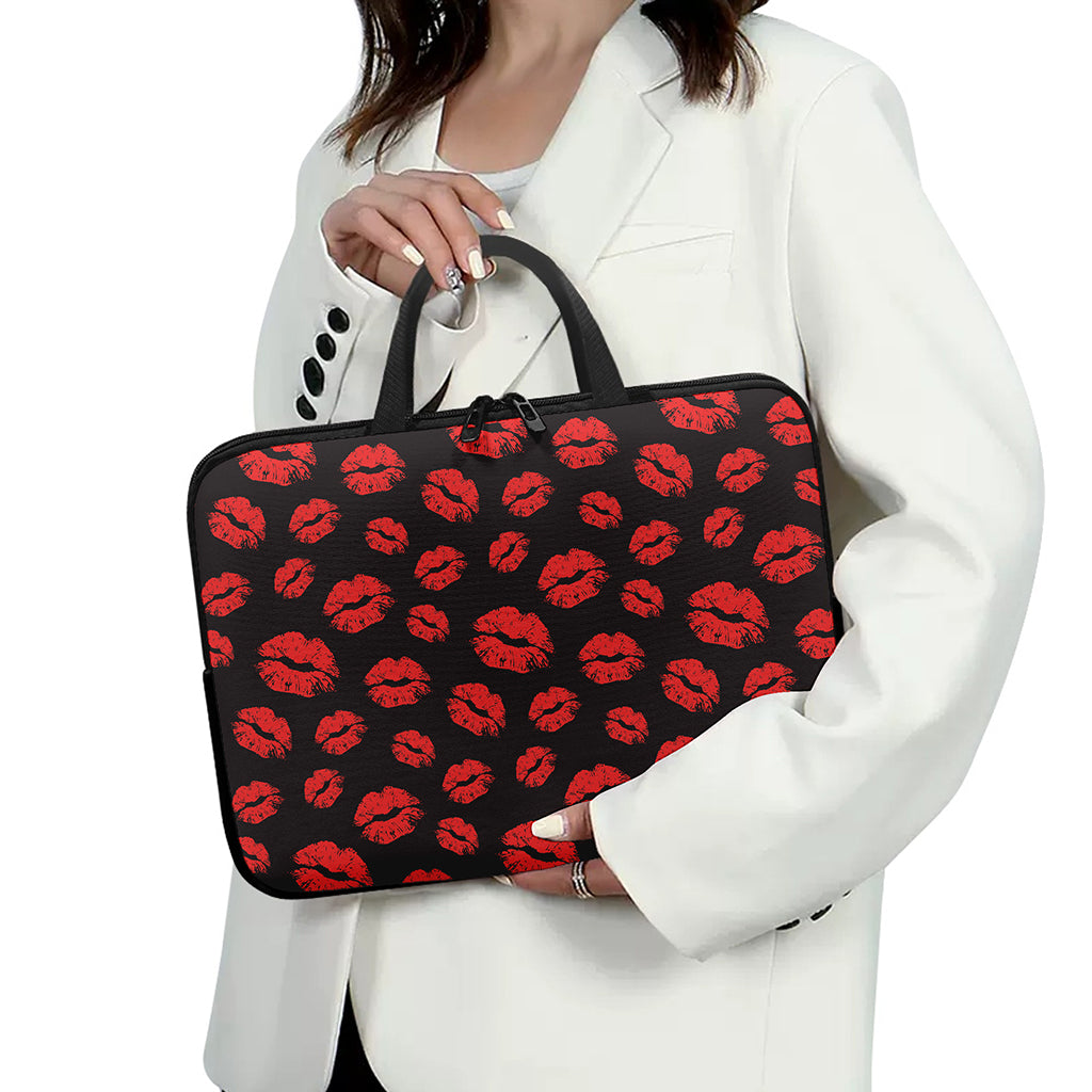Black And Red Lips Pattern Print Laptop Sleeve With Handle