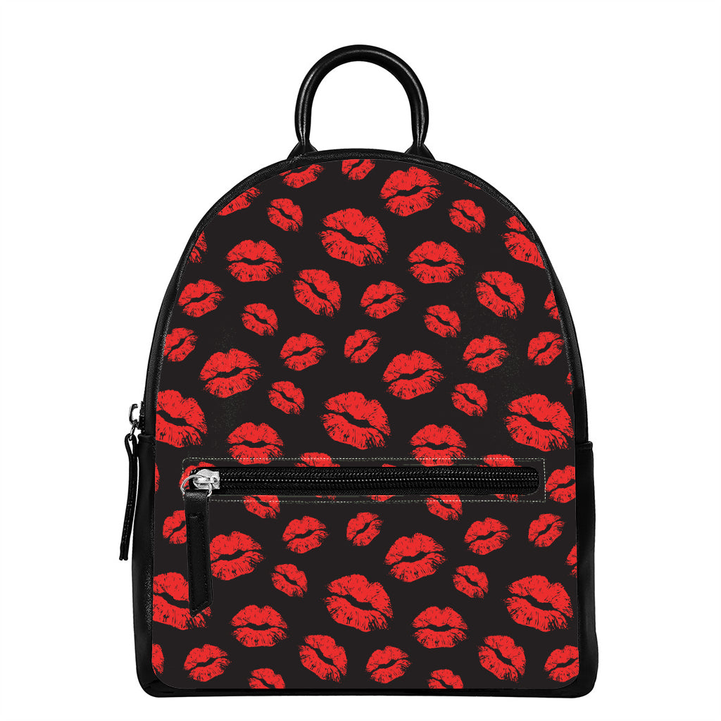 Black And Red Lips Pattern Print Leather Backpack